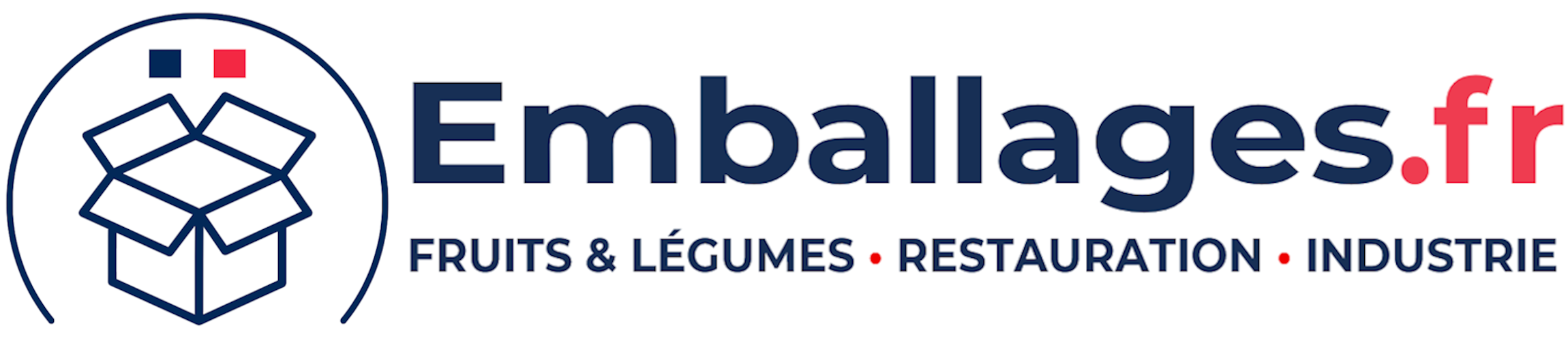 Boite bleu ouverte avec le texte Emballages.fr, FRUITS ET LEGUMES RESTAURATION ET INDUSTRIE en dessous