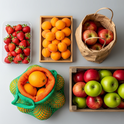 Présentation d'une barquette transparente contenant des fraise, d'une caissette en bois contenante des abricots, d'un sac kraft avec des pomme, d'un filet contenant des oranges et une caissette bois contenant des pommes