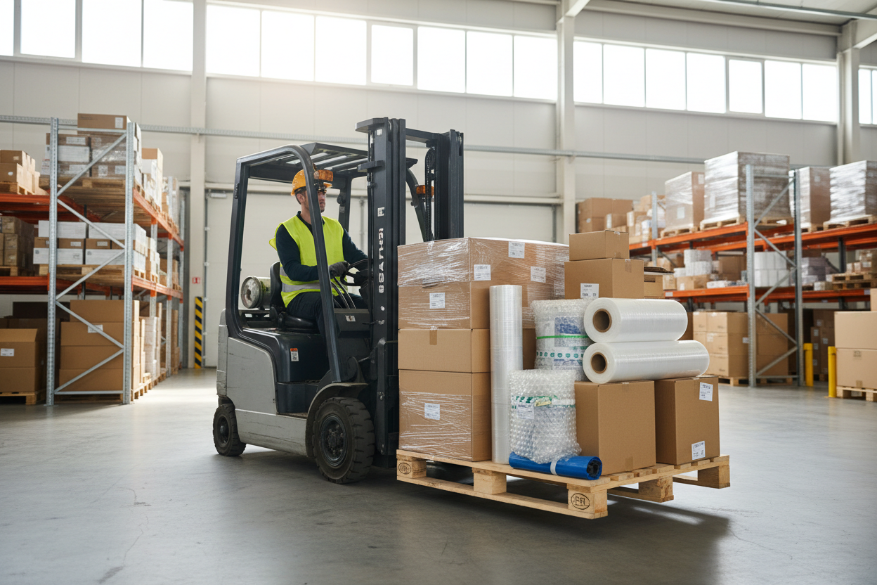 un chariot élévateur déplaçant une palette d’emballages dans un entrepôt lumineux.