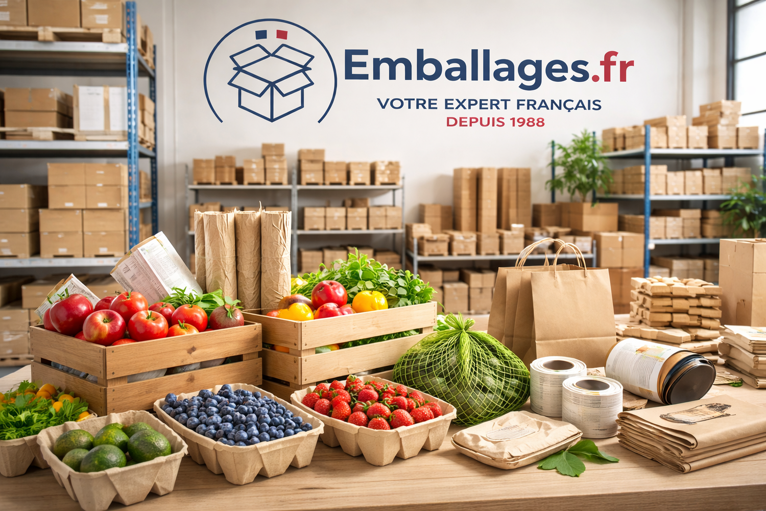Présentation de différents emballages remplit de fruits et légumes