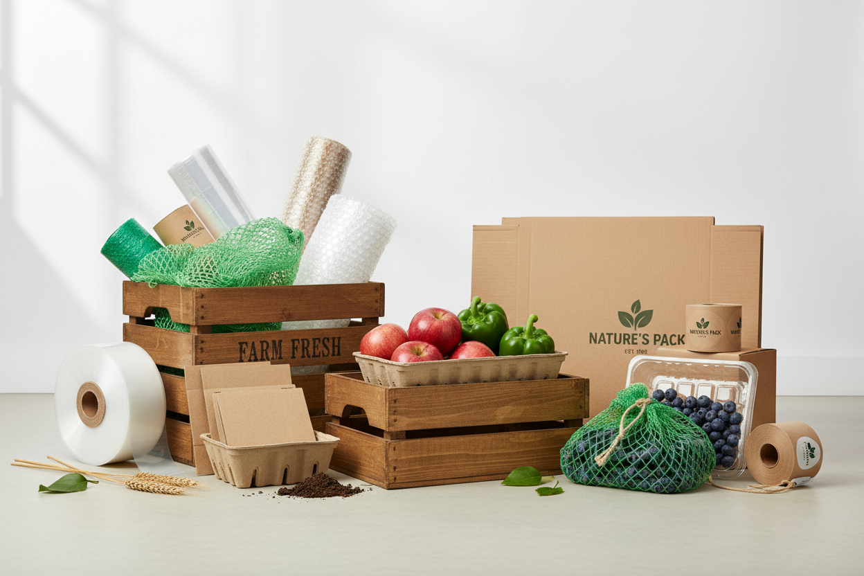 une composition professionnelle présentant plusieurs emballages (caisses bois, cartons, barquettes plastiques recyclables, filets et rouleaux d’étiquettes) dans une ambiance propre et lumineuse.
L’ensemble doit évoquer l’agriculture, la logistique et la qualité écoresponsable, pour refléter l’expertise d’Emballages.fr depuis plus de 35 ans.