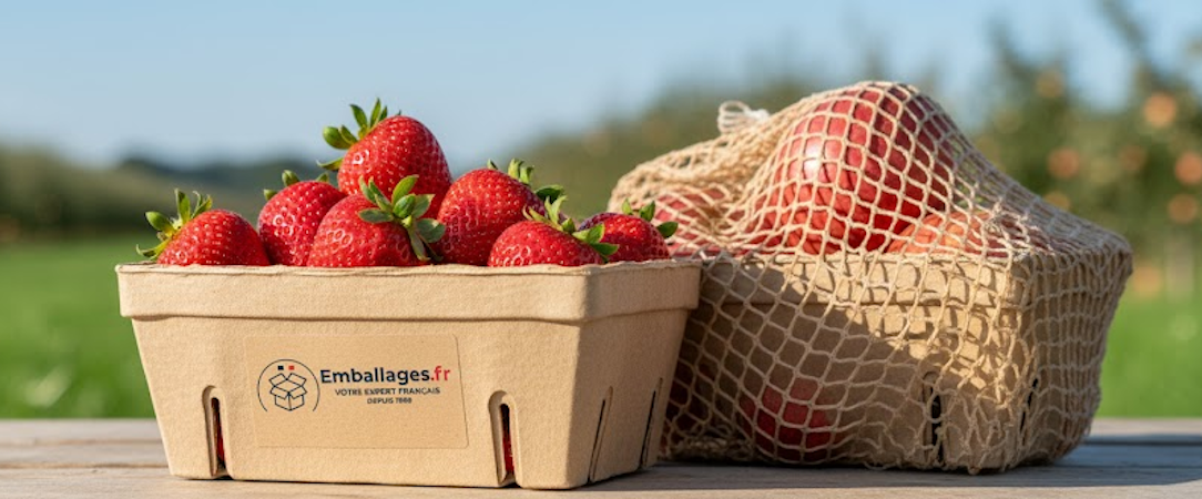 Présentation d'une barquette carton avec des fraise à l'intérieur et une autre barquette avec un filet cellulose autour.
