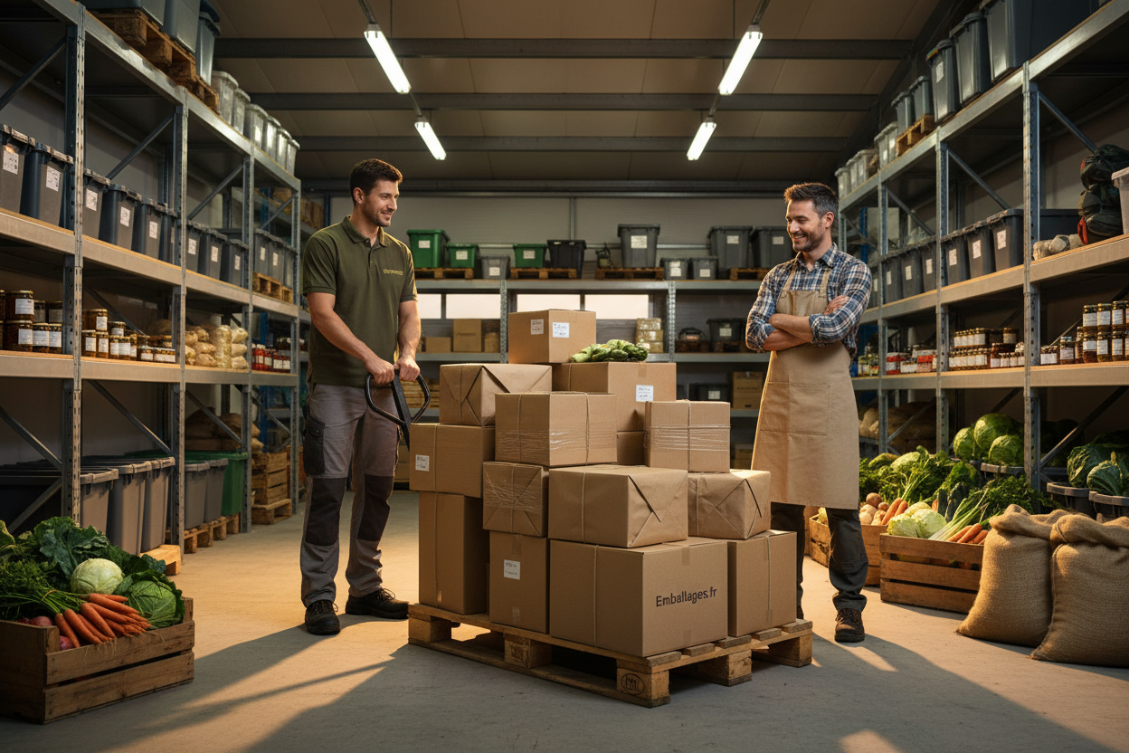 Parfait mais je veux que tu remplace les logos sur les cartons par le texte assez petit : Emballages.fr