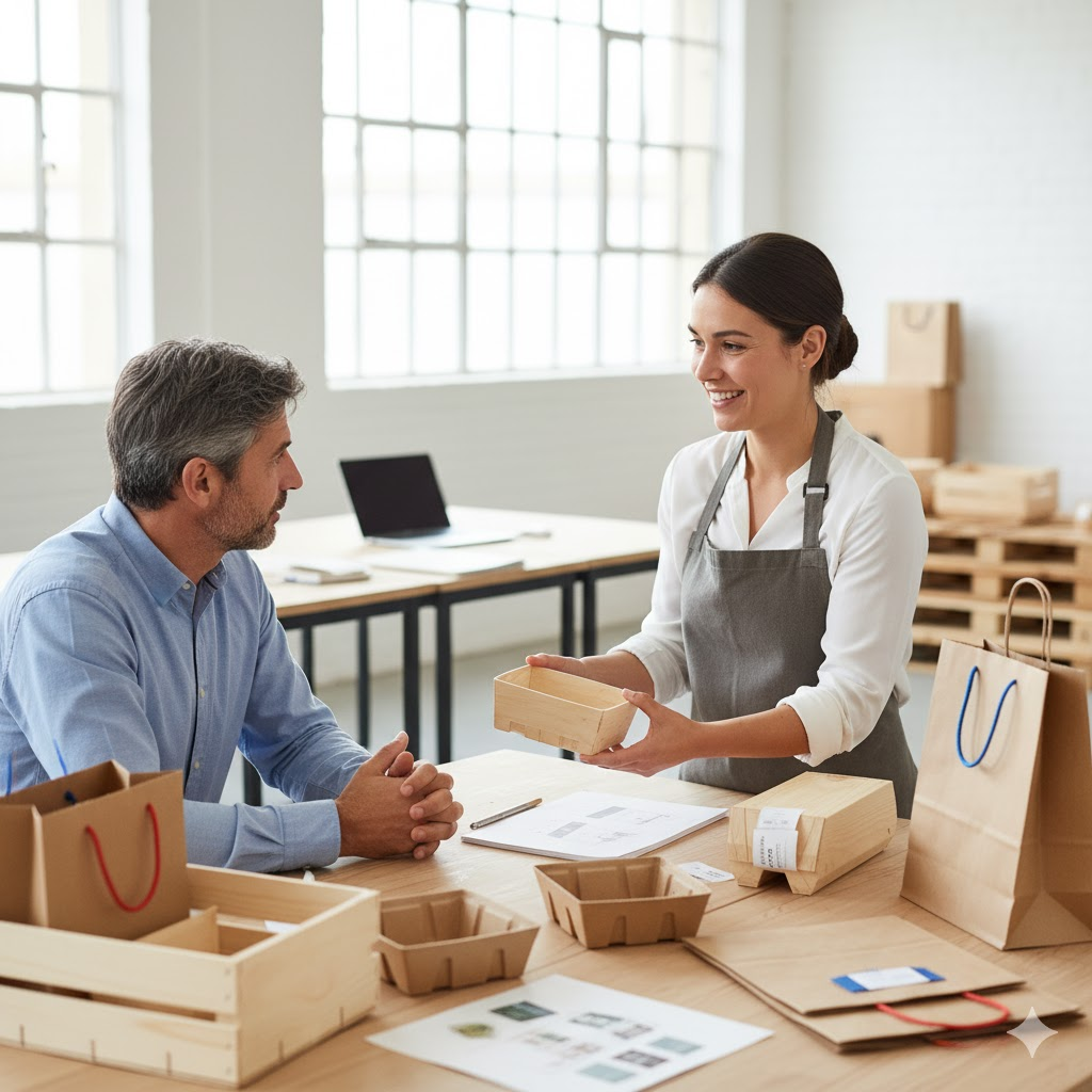 Une employé de Emballages.fr explique à un client les possibilités et avantages d'une barquette bois