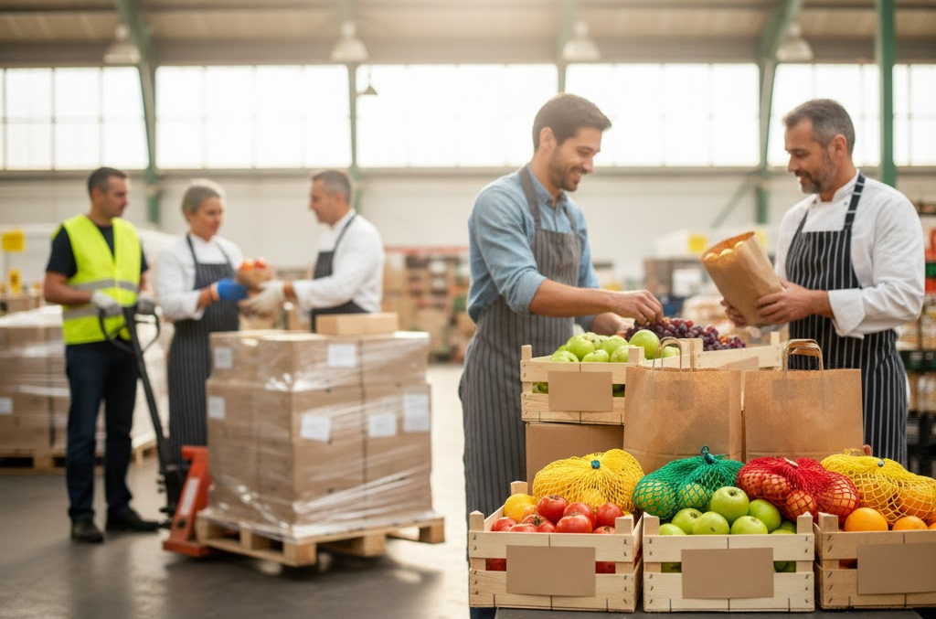 Dans un entrepôt, il y a un grossiste en fruits et légumes qui est en train de préparer une commande, en arrière plan, il y a un transporteur qui livre une palette de la société Emballages.fr à un client.
