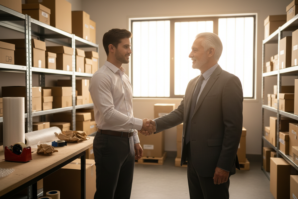 un vieil homme serrant la main d'un jeune. En arrière plan un petit entrepot